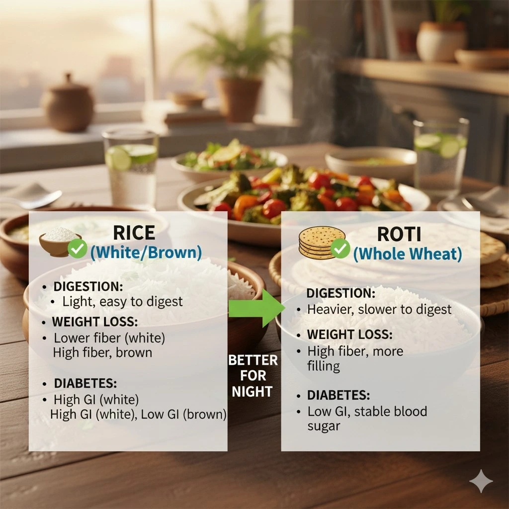 what should be eaten at night, rice or roti